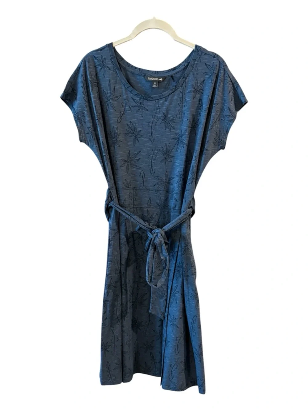Toad&Co Cue Tropical Floral Print Faux Wrap Dress Short-Sleeve Blue Size M - Picture 2 of 10